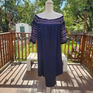 NAVY blue Off Shoulder Embroidered Relaxed Fit Midi dress size M